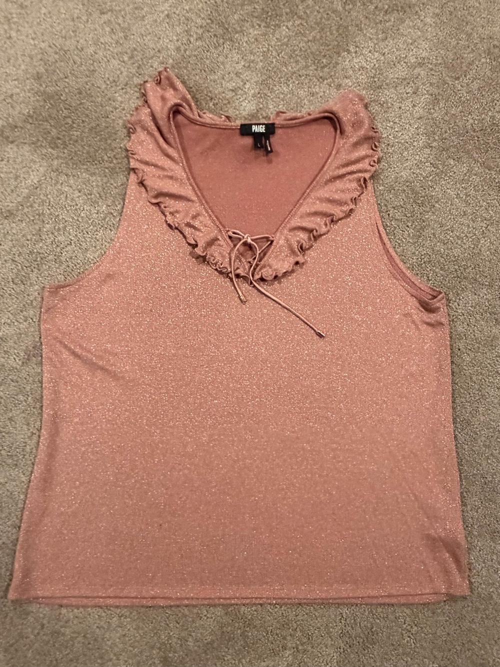 PAIGE L Pink Metallic Lurex Ruffle Tie Neck Sleeveless Top